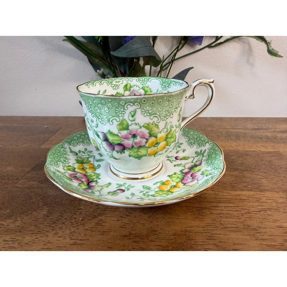 Vintage Royal Albert Lovelace Teacup Saucer Green Floral Bone China England